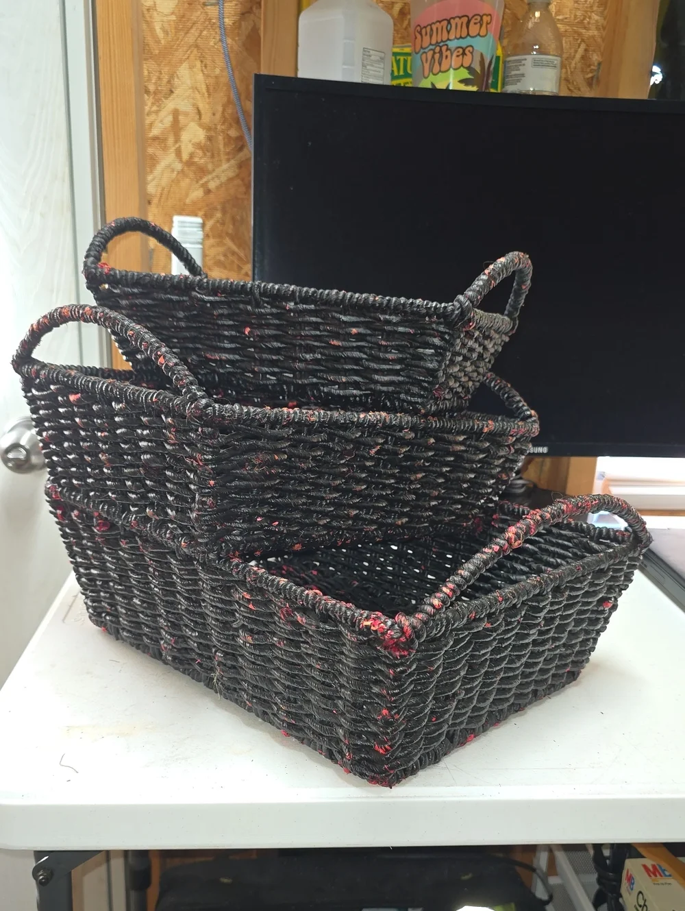 Astor Bohemian Farmhouse Reinforced Baskets with Red Accents - Set of 3